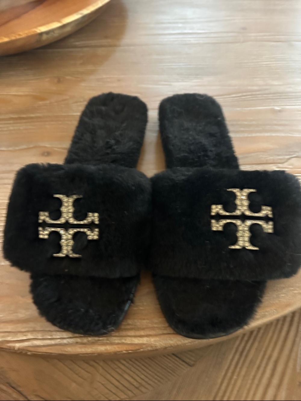 Tory Burch Black Faux Fur Slide Sandals with Silver Logo